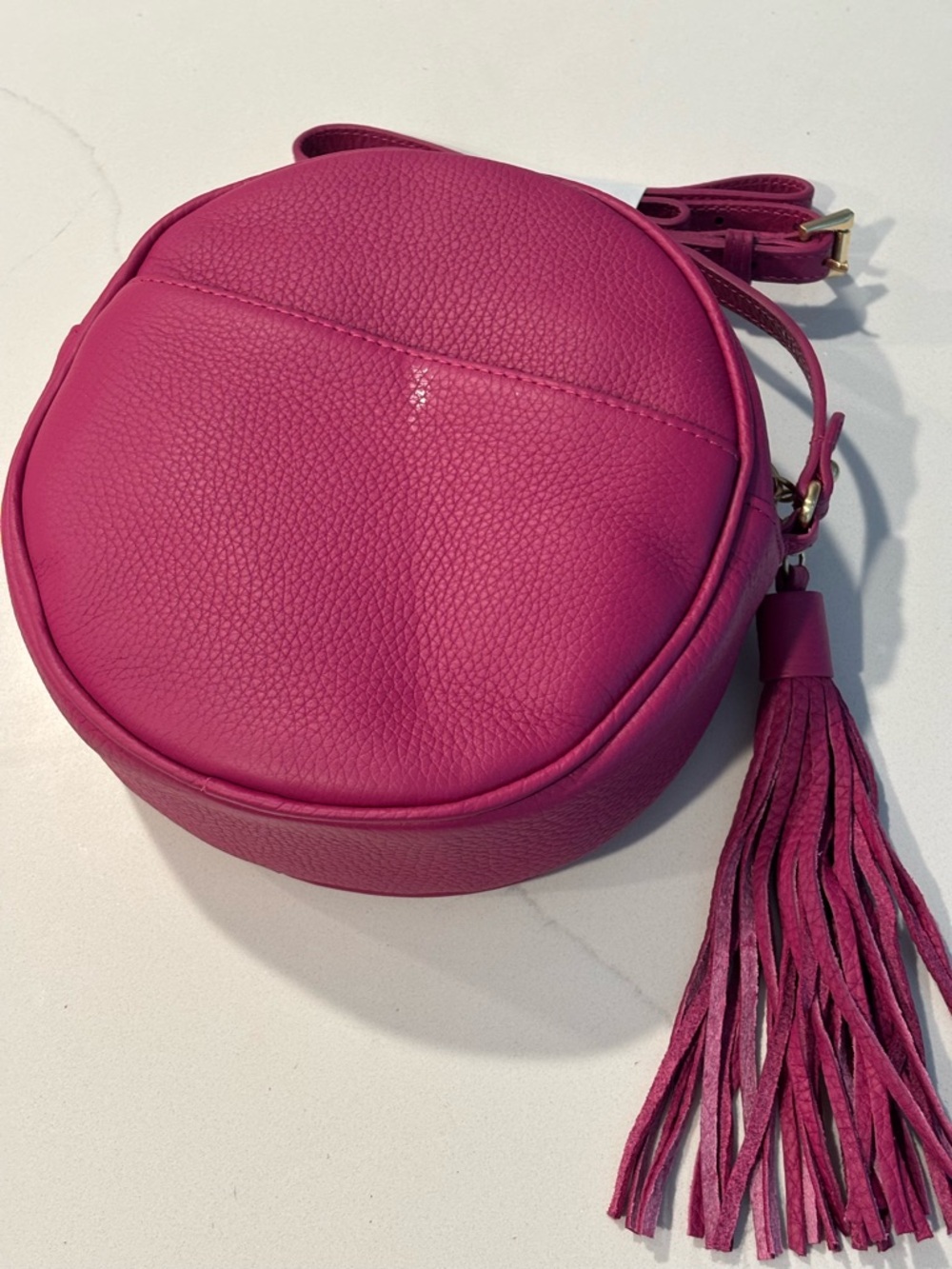 Gigi New York Crossbody Azalea Pebble Grain Leather Pink Round Bag with Tassel - Picture 8 of 9